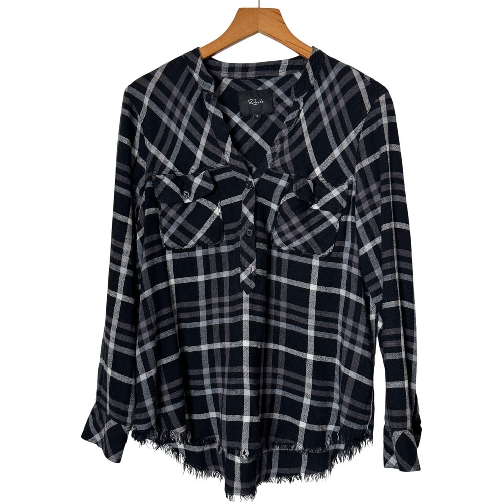 Rails Redding Frayed Trim Black White Plaid Button Front Top Womens Small